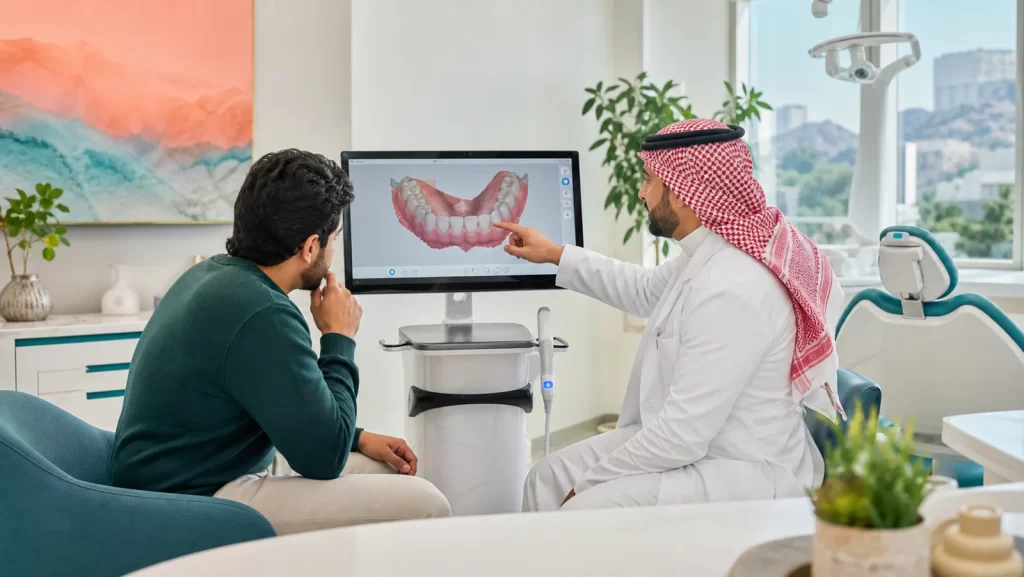طبيب ومراجع يراجعان مسحًا رقميًا للأسنان خلال استشارة التقويم