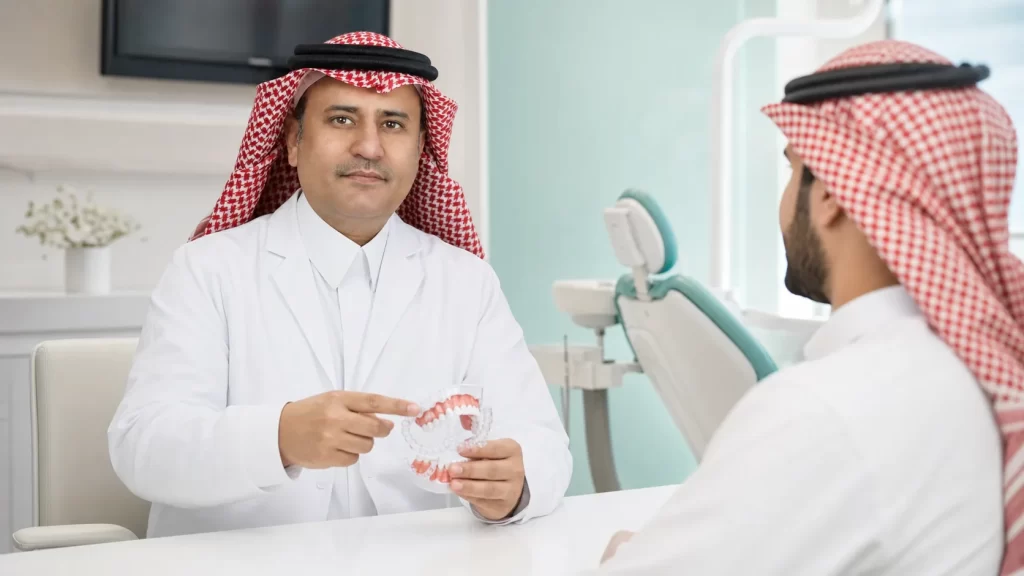 البروفيسور سالم آل معمر يشرح لمراجع خطة تقويم الأسنان في مجمع سنسدنت