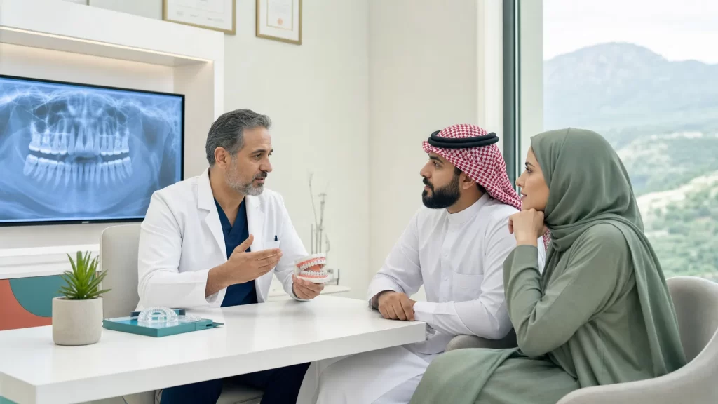 طبيب تقويم يناقش مع مراجعين من عسير التشخيص والخيارات خلال الاستشارة