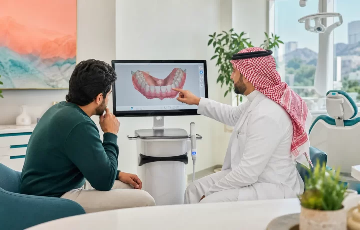 طبيب ومراجع يراجعان مسحًا رقميًا للأسنان خلال استشارة التقويم