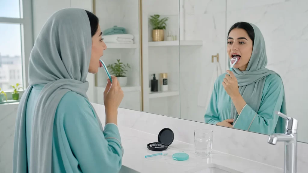 مراجعة تنظف اللسان والأسنان والقالب ضمن روتين العناية اليومي