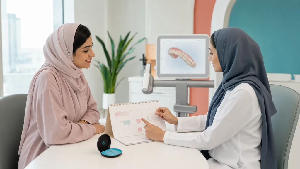 طبيبة تقويم تناقش مع مراجعة خطة زمنية واقعية للإنفزلاين قبل مناسبة مهمة