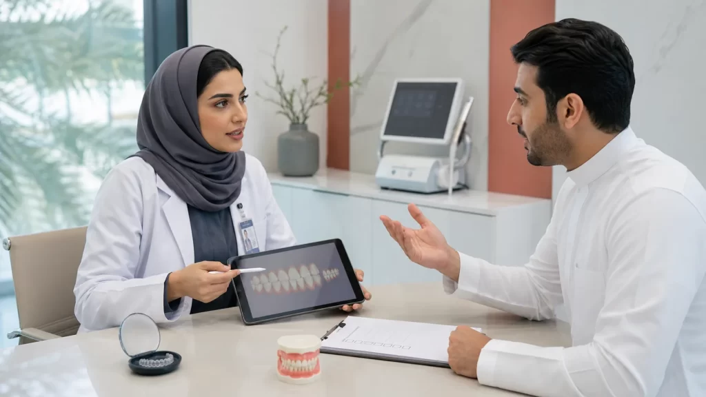 طبيبة تقويم تشرح لمراجع خطة حركة الأسنان وتجيب عن أسئلته قبل الموافقة