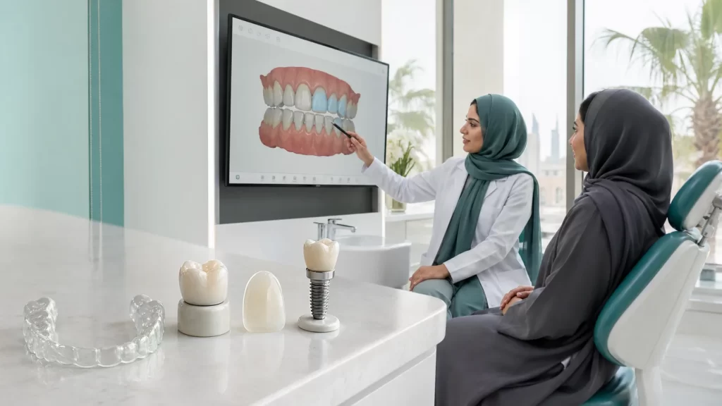 استشارة تقويم تعرض قالبًا شفافًا ونماذج لتاج وفينير وزراعة أسنان