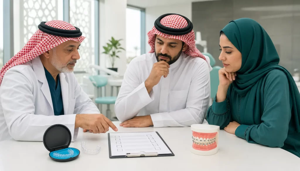طبيب تقويم يراجع مع مراجعين خيارات القوالب الشفافة والتقويم الثابت قبل الموافقة