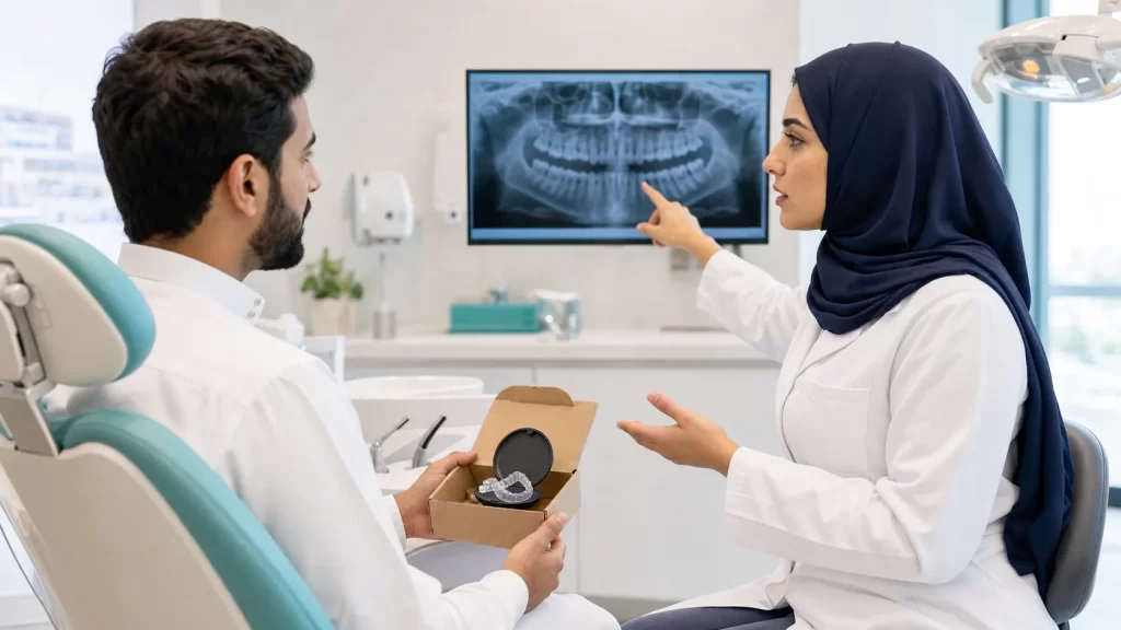 طبيبة تقويم تراجع مع مراجع قوالب منزلية وأشعة الأسنان قبل تقرير العلاج