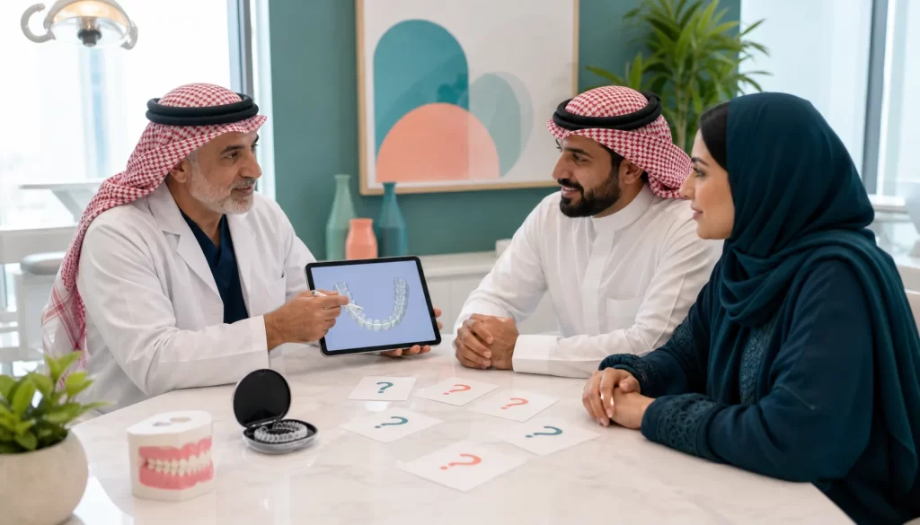 طبيب تقويم يجيب عن أسئلة مراجعين حول القوالب الشفافة والخطة والمتابعة