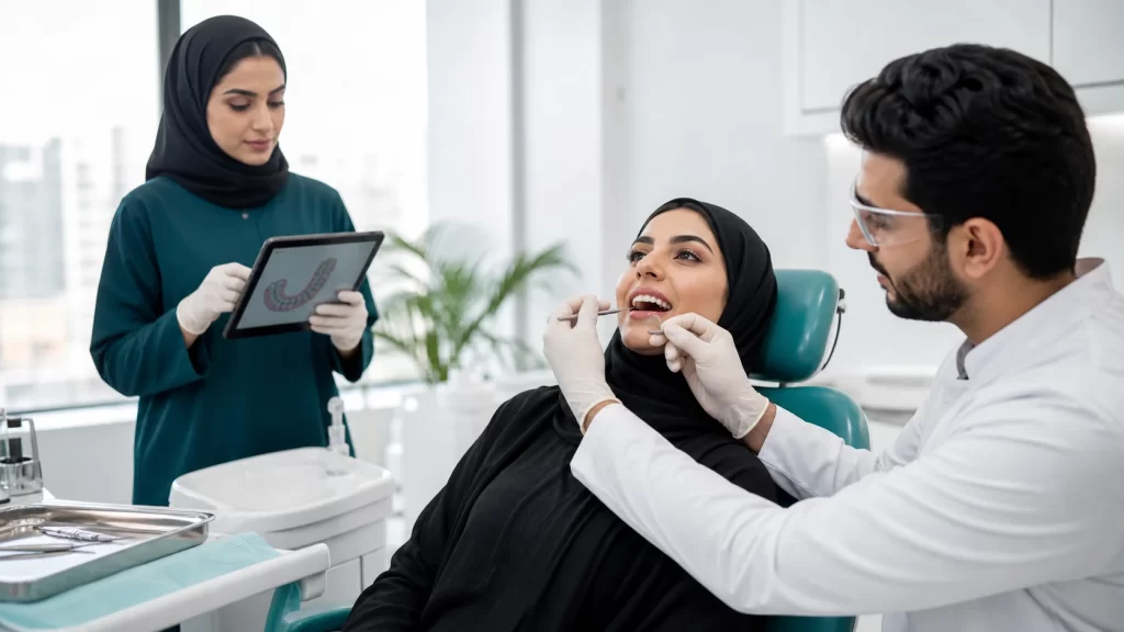 طبيب تقويم يفحص تطابق قالب شفاف خلال موعد متابعة في العيادة