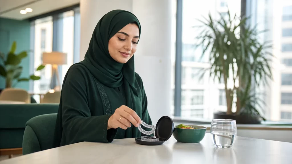 مراجعة بالغة تضع قالب التقويم الشفاف في علبته قبل الغداء