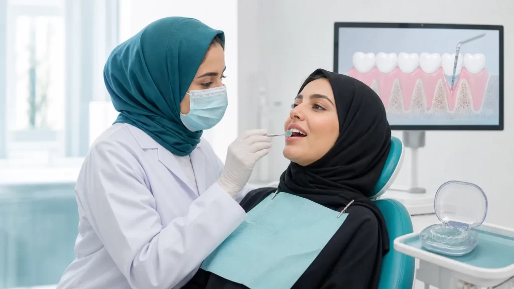 طبيبة تفحص لثة مراجعة قبل بدء خطة القوالب الشفافة