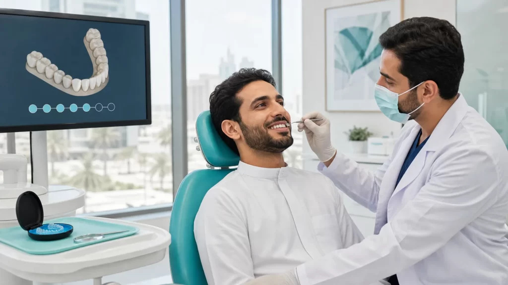 طبيب يفحص تطابق قالب شفاف ويتابع حركة الأسنان رقميًا