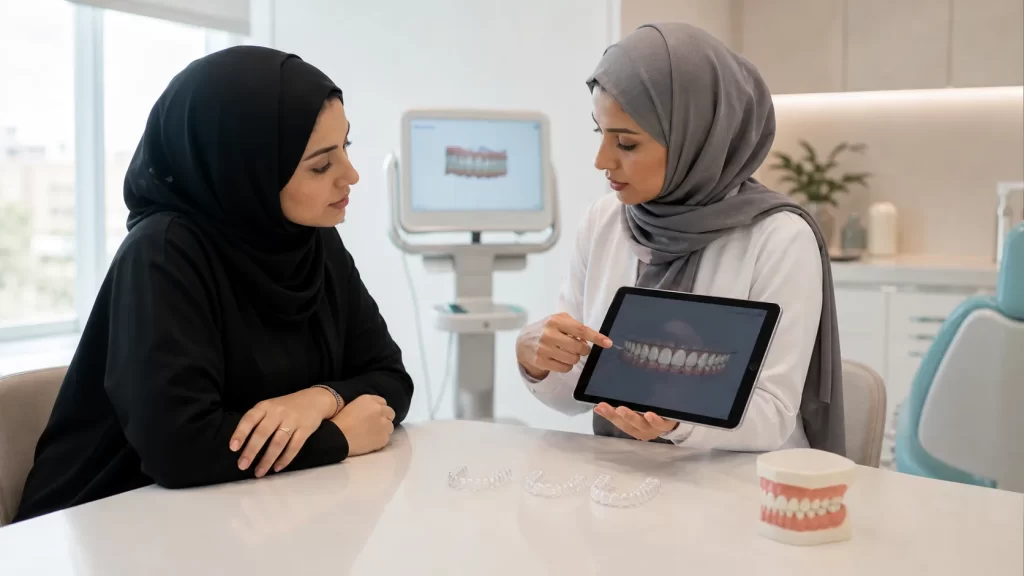 طبيبة تقويم تشرح لمراجعة محاكاة العلاج وتسلسل القوالب الشفافة بواقعية