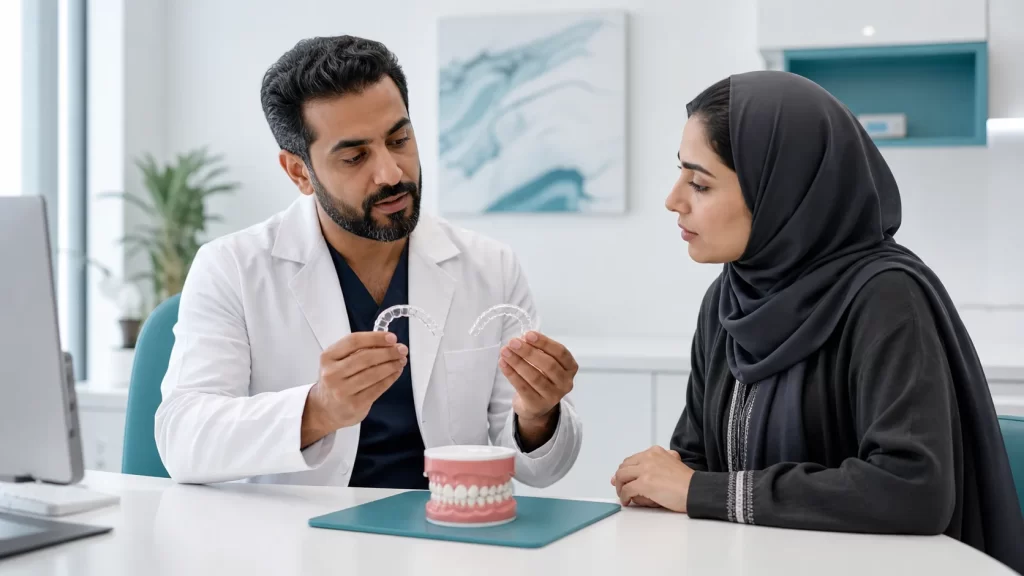 طبيب تقويم يشرح لمراجع الفرق بين القالب العلاجي والمثبت الشفاف