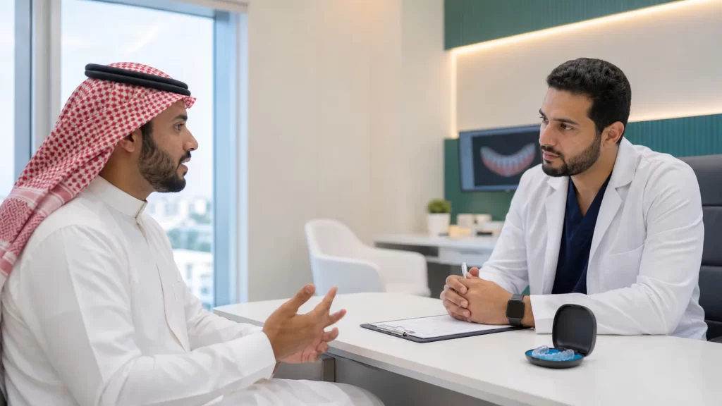 مراجع يناقش مع طبيب التقويم تأثير التدخين والفيب على اللثة والقوالب
