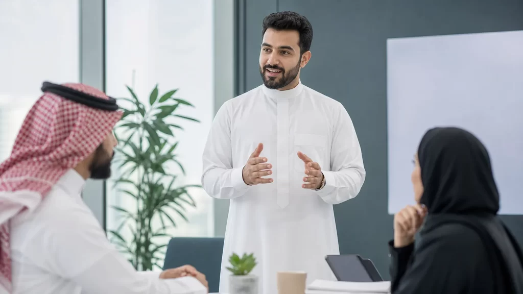 موظف سعودي يتحدث بثقة في اجتماع أثناء التكيف مع القوالب الشفافة