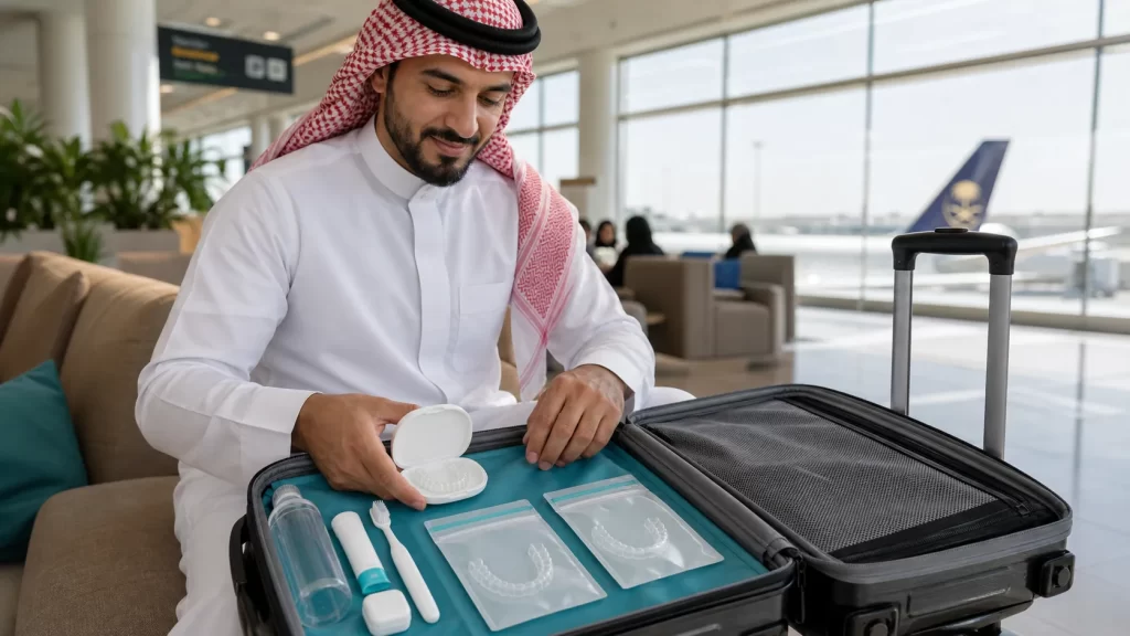 مسافر سعودي يرتب علبة القوالب وأدوات العناية في حقيبة اليد