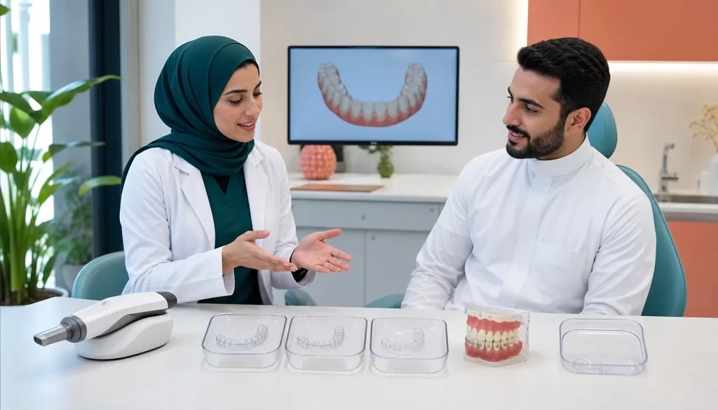 طبيبة تقويم تشرح لمراجع مراحل المسح والقوالب والملحقات والمثبت