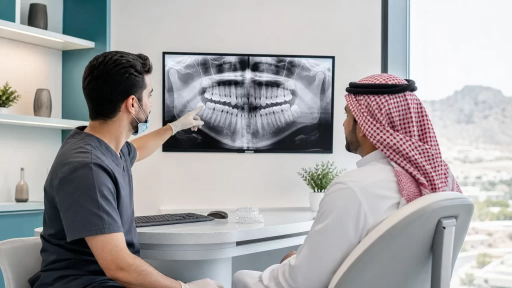 استشاري تقويم يشرح أشعة بانورامية لمراجع قبل بدء الإنفزلاين